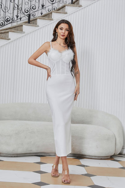 Sweet Spicy Feather Boning Corset Dress One Piece Fixed Cup Tube Top V neck Strap Hip