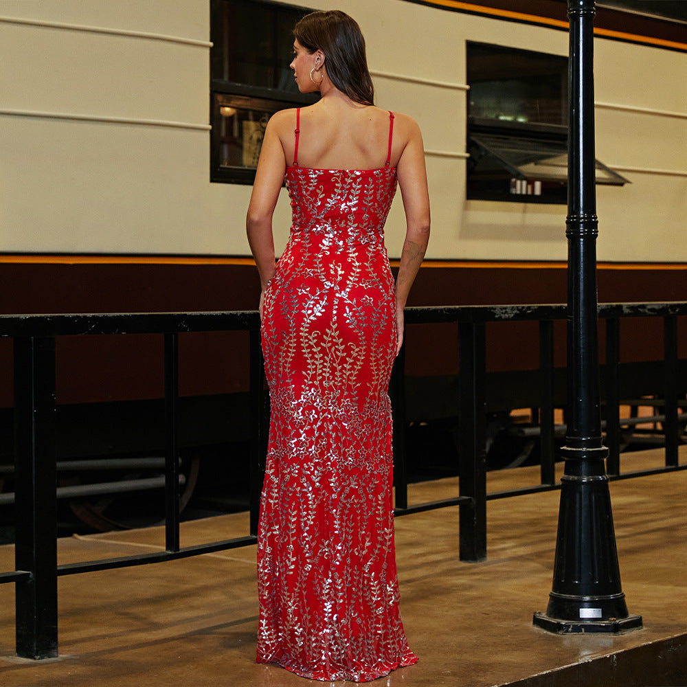 Sleeveless Elegant Long Sequin Sling Backless Cocktail Evening Dress Bridesmaid