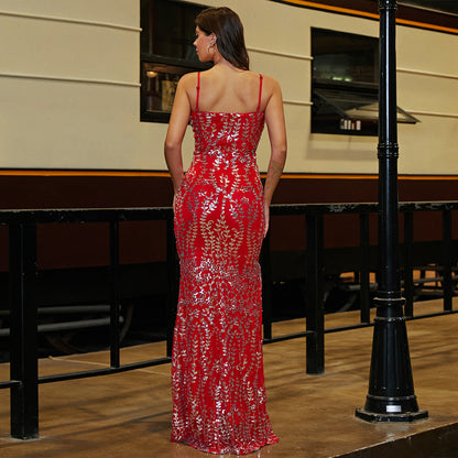 Sleeveless Elegant Long Sequin Sling Backless Cocktail Evening Dress Bridesmaid