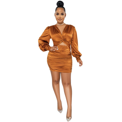 Solid Color Long Sleeve Hollow Out Cutout Pleated Midi Dress