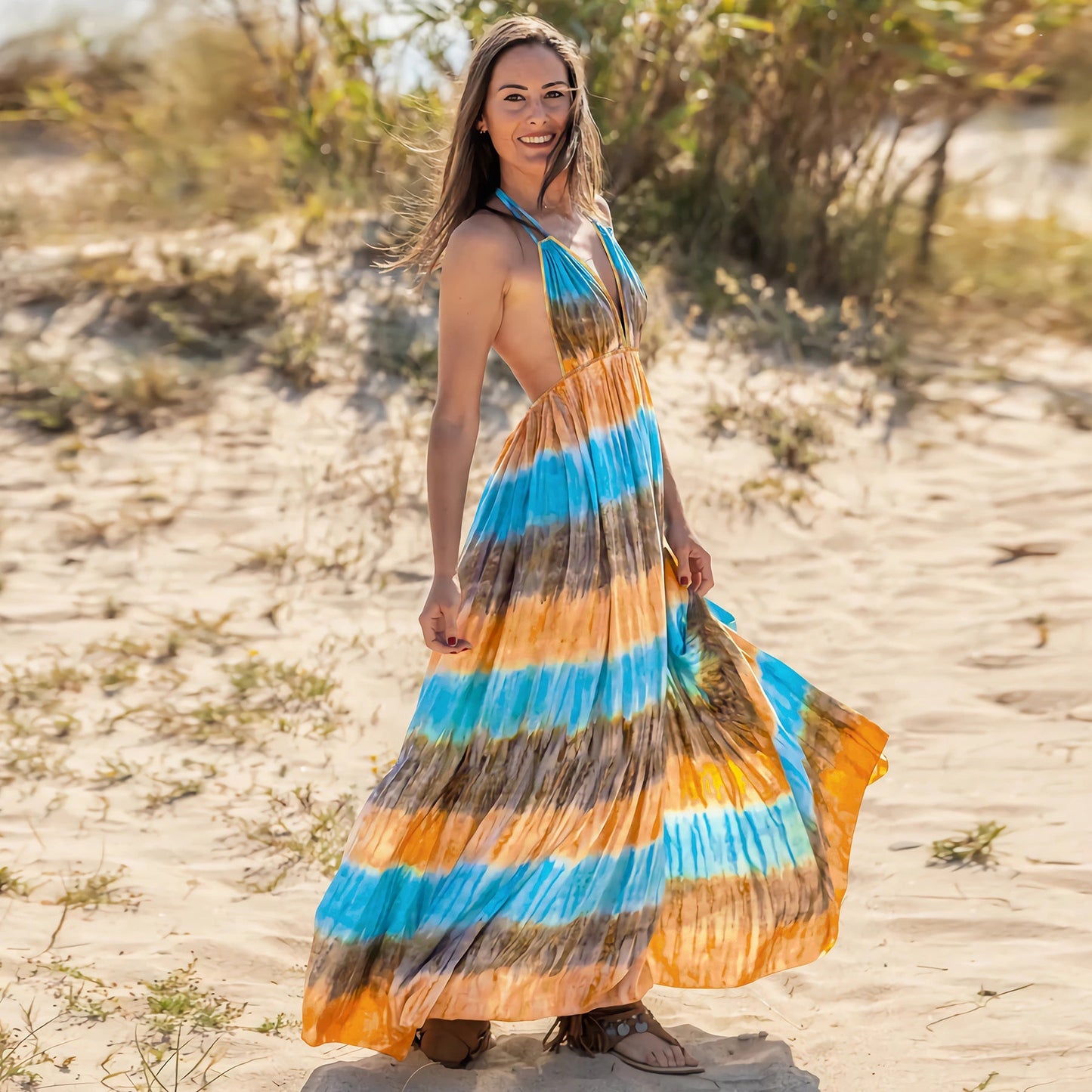 Slim Tie Dye Strap Backless Printed Dress Bohemian Beach Long