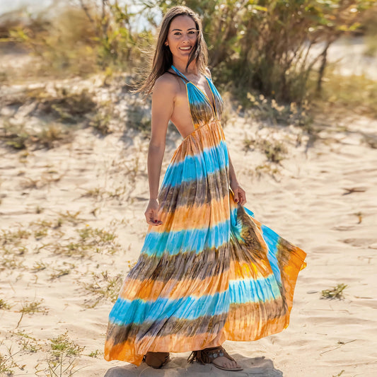 Slim Tie Dye Strap Backless Printed Dress Bohemian Beach Long