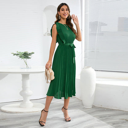 Ruffle Sleeve Folding Pleated Dress Solid Color Plus Size Dress