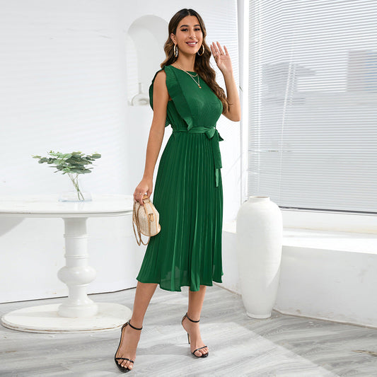 Ruffle Sleeve Folding Pleated Dress Solid Color Plus Size Dress