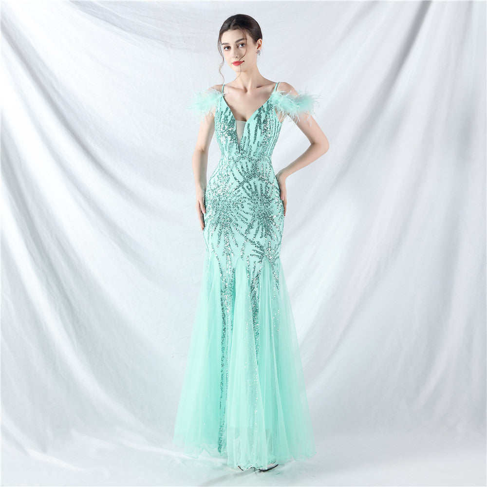 Color Craft Order Ostrich Feather Mesh Sequin Sling Dress Evening Dress