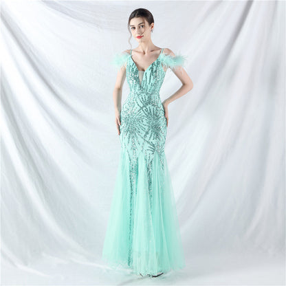 Color Craft Order Ostrich Feather Mesh Sequin Sling Dress Evening Dress