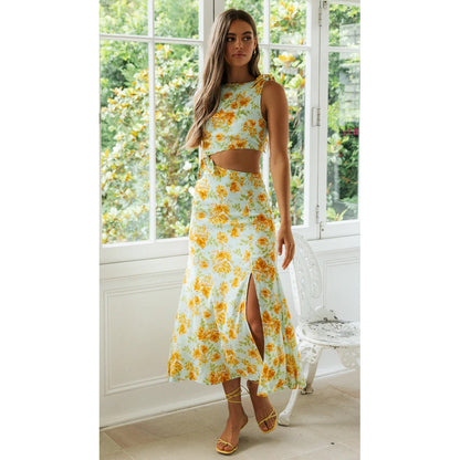 Digital Floral Print Fresh Vestidos Sweet Tie-Neck Sleeveless Estampado Floral Dress