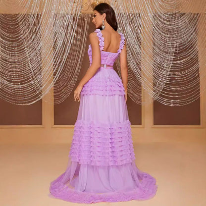 Lace Sling Maxi Dress Sleeveless Cake Multi Layer Stitching Elegant Dress