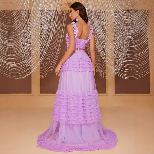 Lace Sling Maxi Dress Sleeveless Cake Multi Layer Stitching Elegant Dress