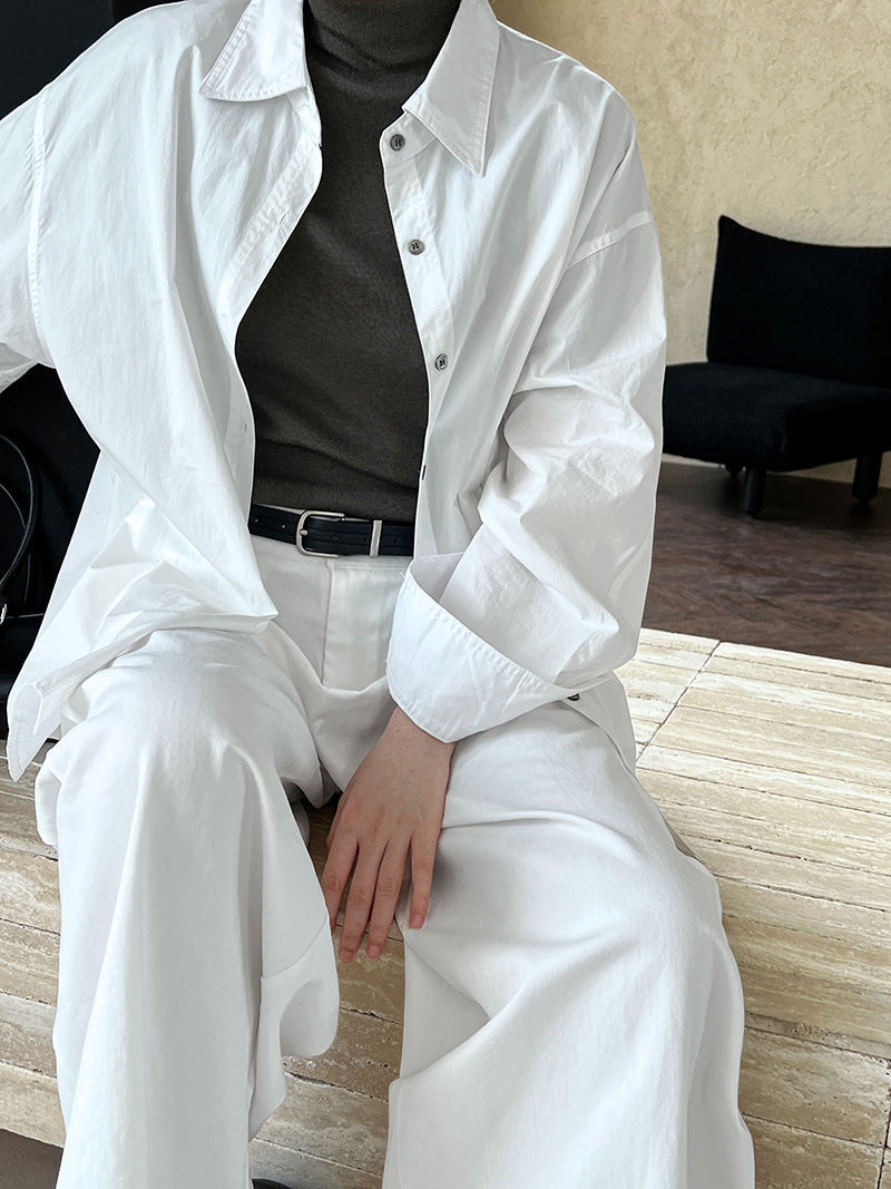 Minimalist All Match Cotton Long-Sleeved Shirt Bandage Dress Polo Collar Top Coat