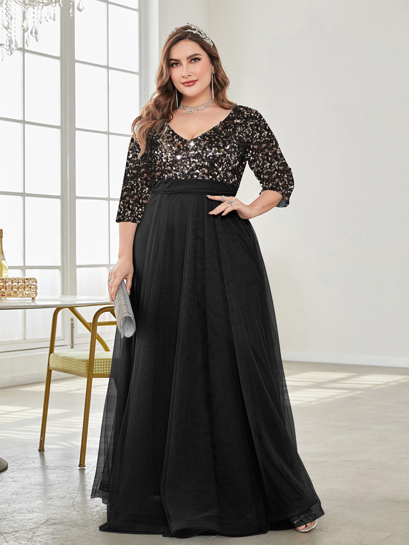 Plus Size V neck Short Sleeve Sequined Tulle A line Floor Elegant Prom Evening Dress Party Dress