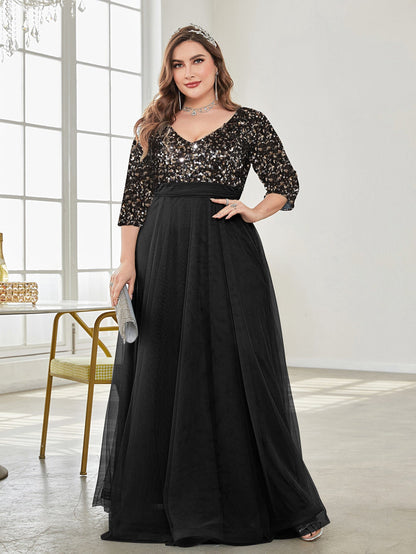Plus Size V neck Short Sleeve Sequined Tulle A line Floor Elegant Prom Evening Dress Party Dress