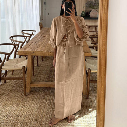 Retro Tea Dress for Puff Sleeve Shirt Set Summer