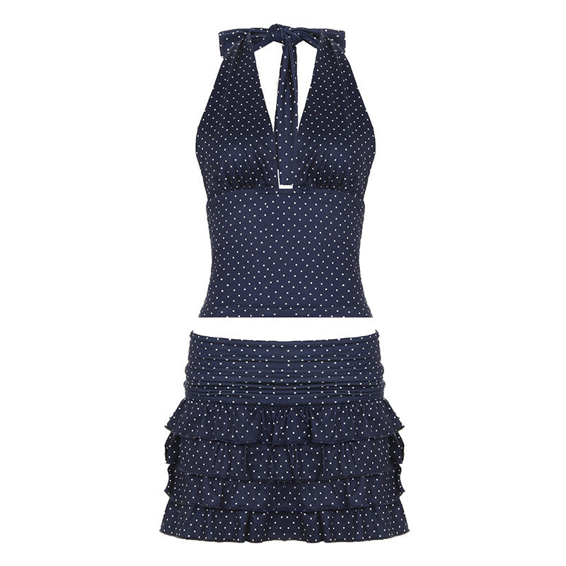 Polka Dot V neck Halter Vest Ruffle Hip Tiered Dress Mini Mid Length Skirt Two Piece Sets