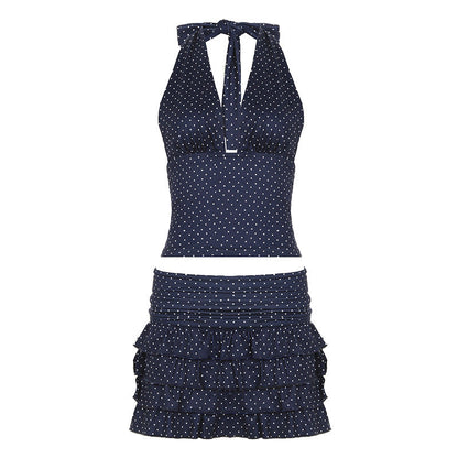 Polka Dot V neck Halter Vest Ruffle Hip Tiered Dress Mini Mid Length Skirt Two Piece Sets