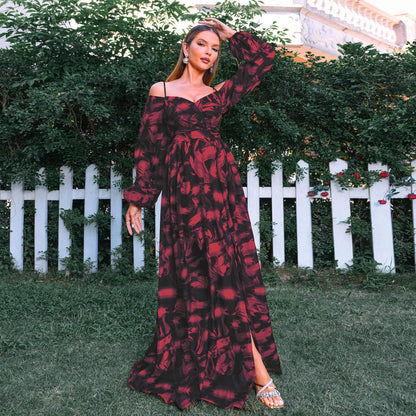 Bohemian Holiday Vintage Printed Stitching Waist Floral Long Sleeve Dress Long Dress