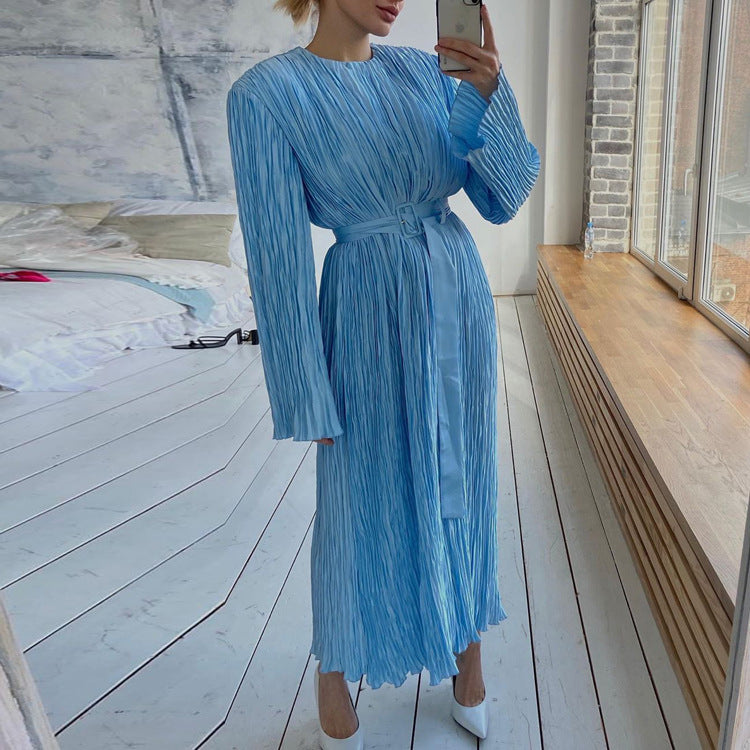 Long Sleeved Belt Pleated Dress Office High Sense Loose Maxi Dress