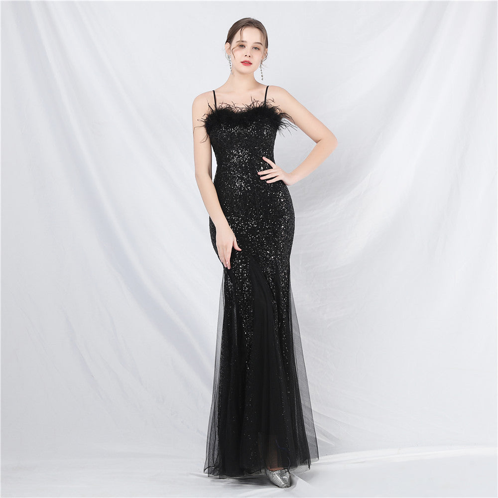 Craft Order Ostrich Feather Mesh Sequined Long Evening Dress