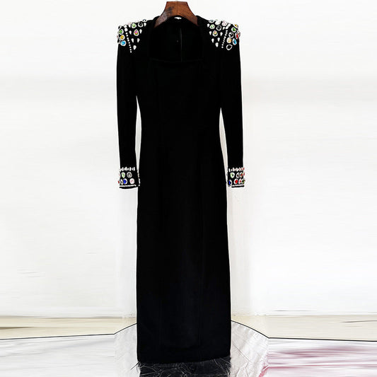 Elegant Heavy Industry Gem Diamond Long Sleeve Maxi Dress Formal Dress