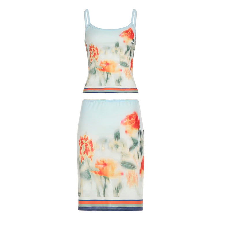 Vacation Skirt Two Piece Retro Sunset Tie Dye Printed Tube Top Dress Sling Mid Length Skirt Set