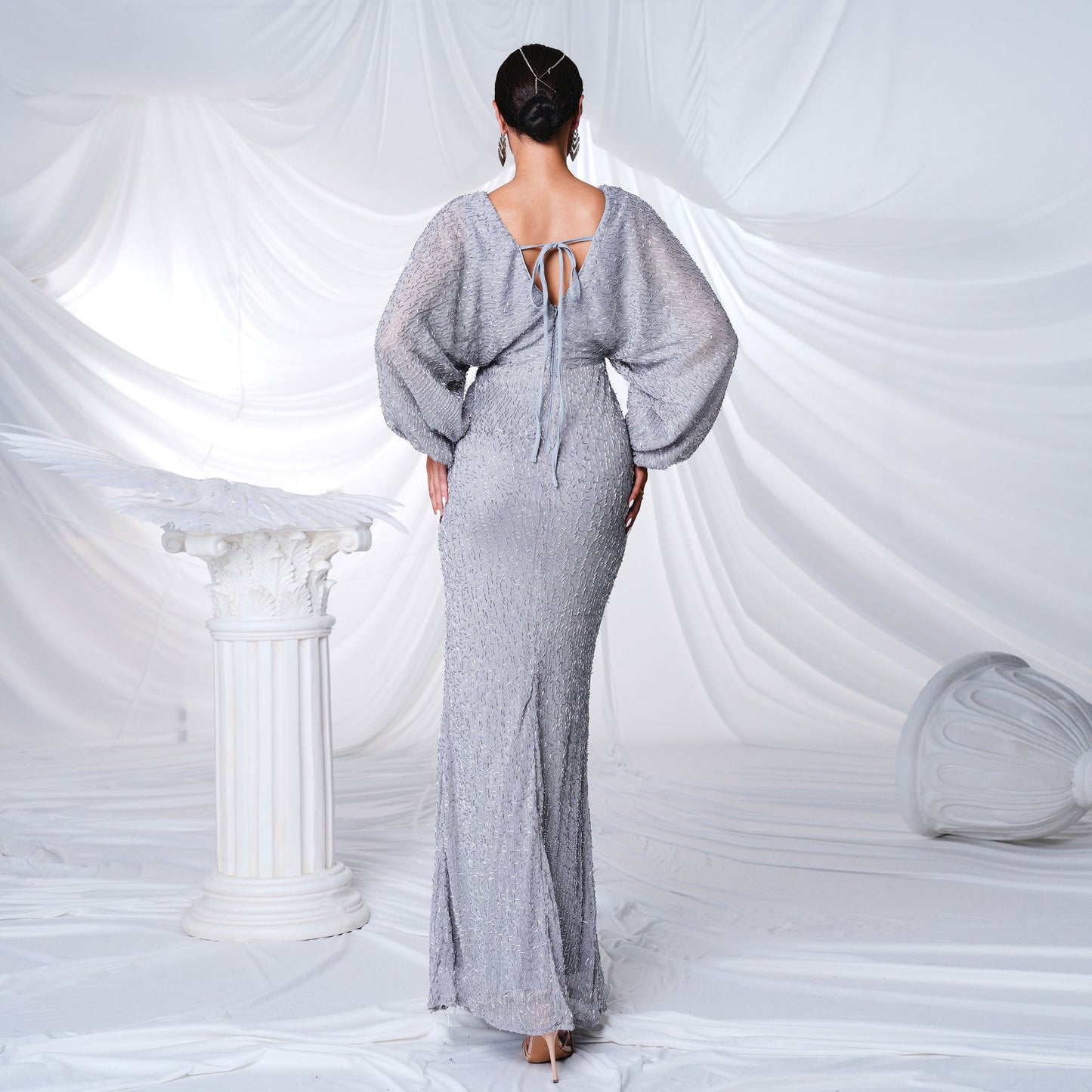 Elegant Long Sequined Long Sleeve V neck Cocktail Split Evening Dress Bridesmaid