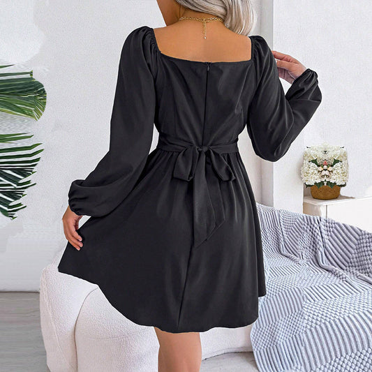 French Intellectual Square Collar Dress  Pleated Waist Tight Slimming High Grade