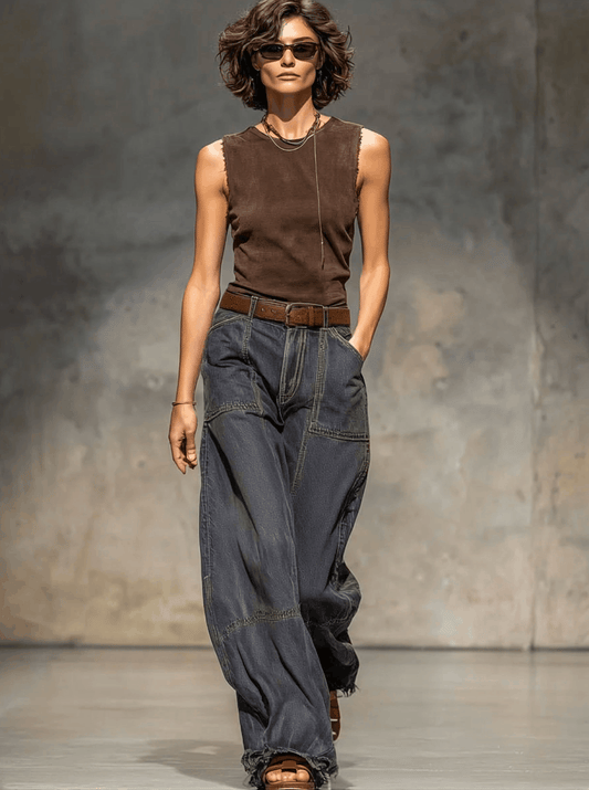 Relaxed Loose Vintage Raw Edge Dark Grey Wide Leg Jeans