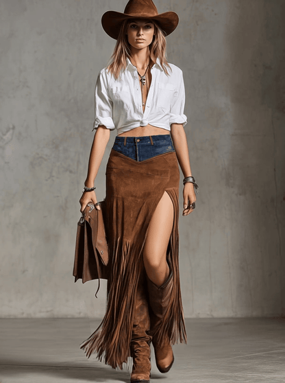 Exquisite Vintage Western Cowboy Patchwork Brown Suede Tassel Asymmetrical Slit Long Skirt