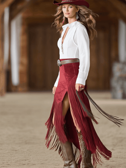Western Retro Red Faux Suede Slit Fringe Midi Skirt