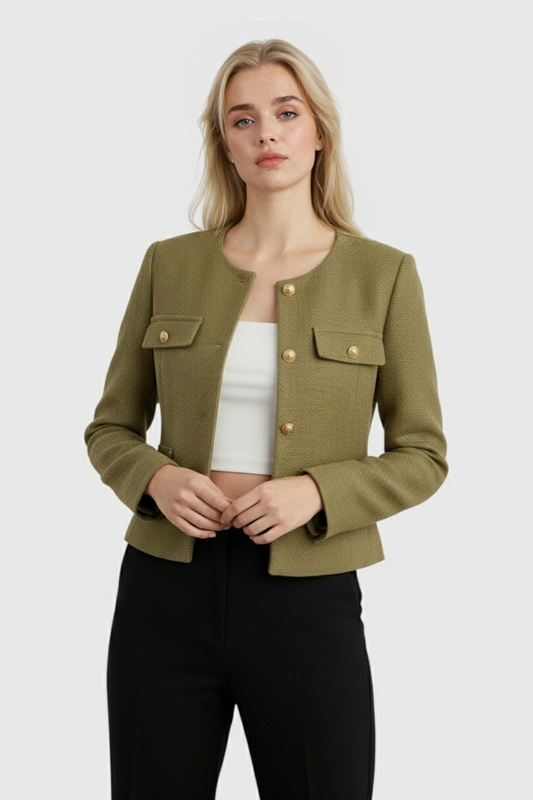 Textured Pocket Jacket | Round Neck, Gold-Tone Button Detail