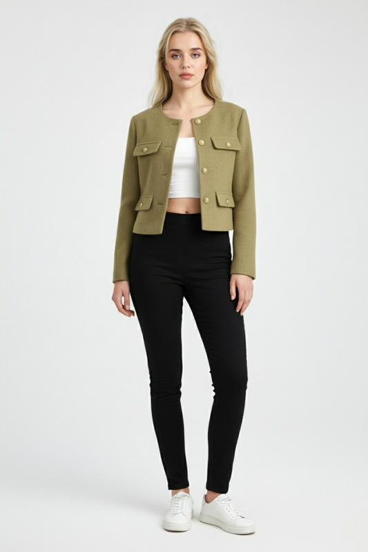 Textured Pocket Jacket | Round Neck, Gold-Tone Button Detail