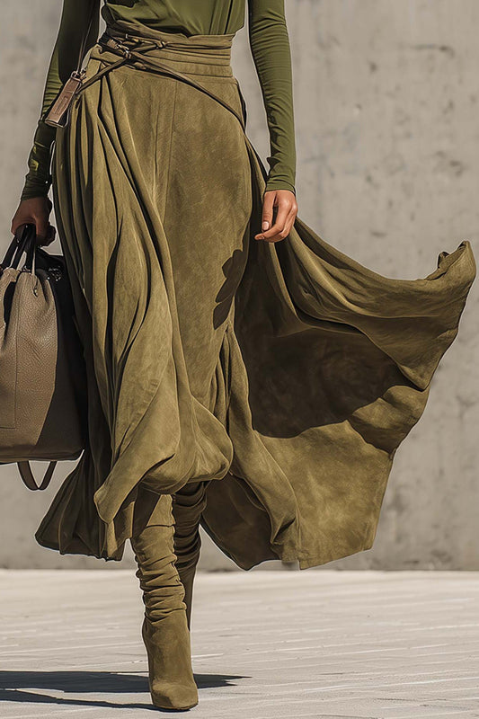Olive Green Stretch Turtleneck Top And Faux Suede Maxi Skirt Set