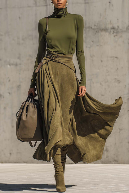 Olive Green Stretch Turtleneck Top And Faux Suede Maxi Skirt Set