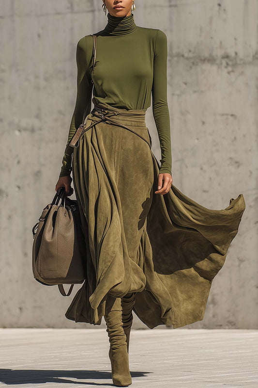 Olive Green Stretch Turtleneck Top And Faux Suede Maxi Skirt Set