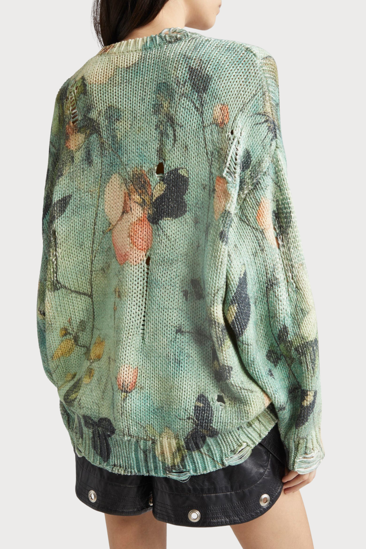Omria Floral Print Distressed Sweater - Green