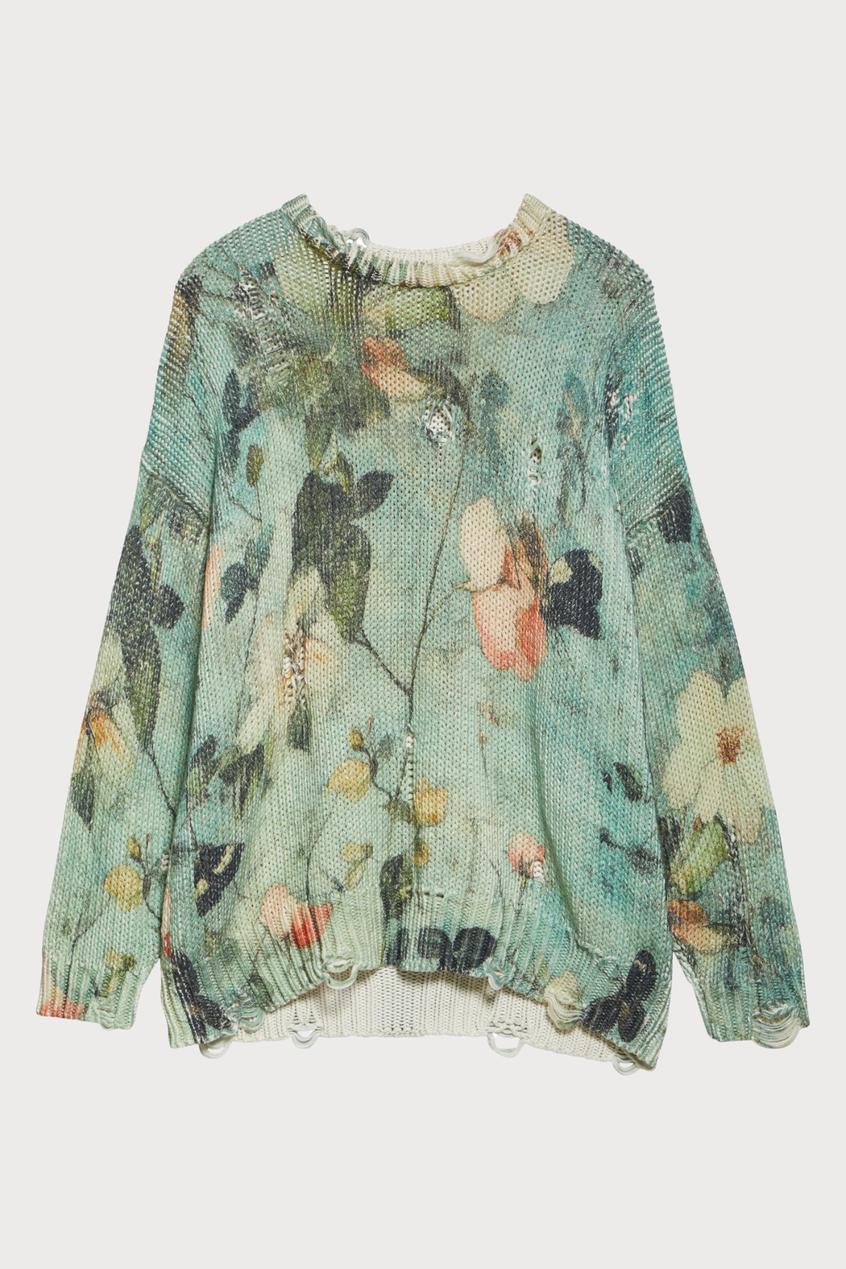 Omria Floral Print Distressed Sweater - Green