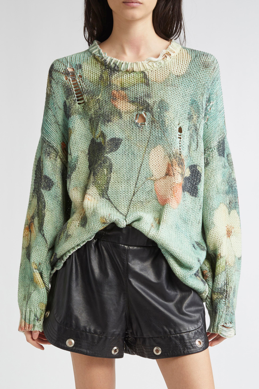 Omria Floral Print Distressed Sweater - Green