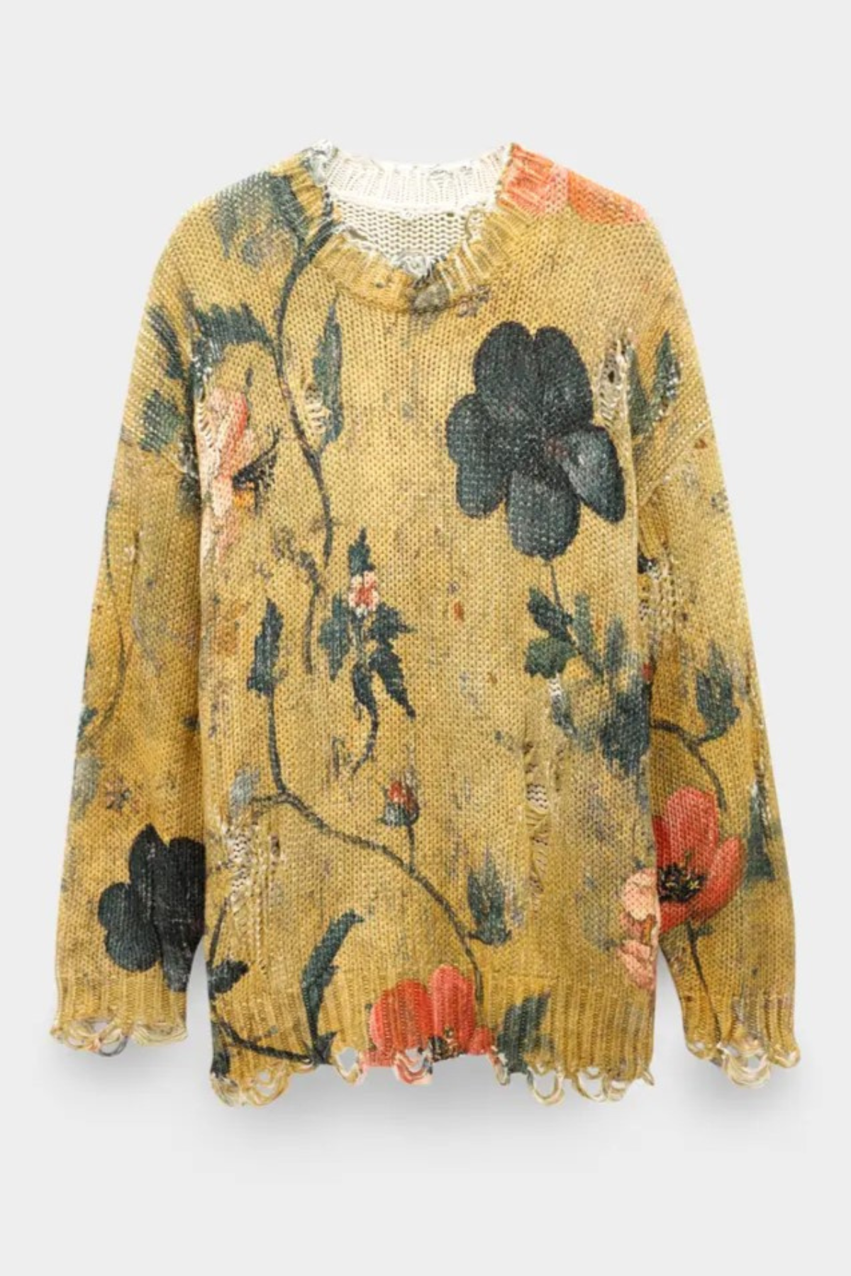 Omria Floral Print Distressed Sweater - Yellow