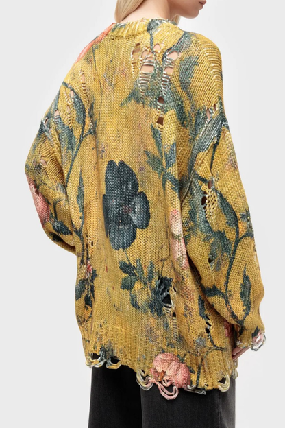 Omria Floral Print Distressed Sweater - Yellow