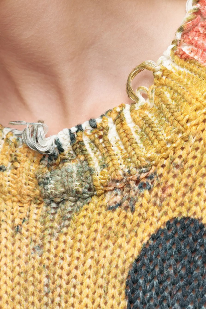 Omria Floral Print Distressed Sweater - Yellow