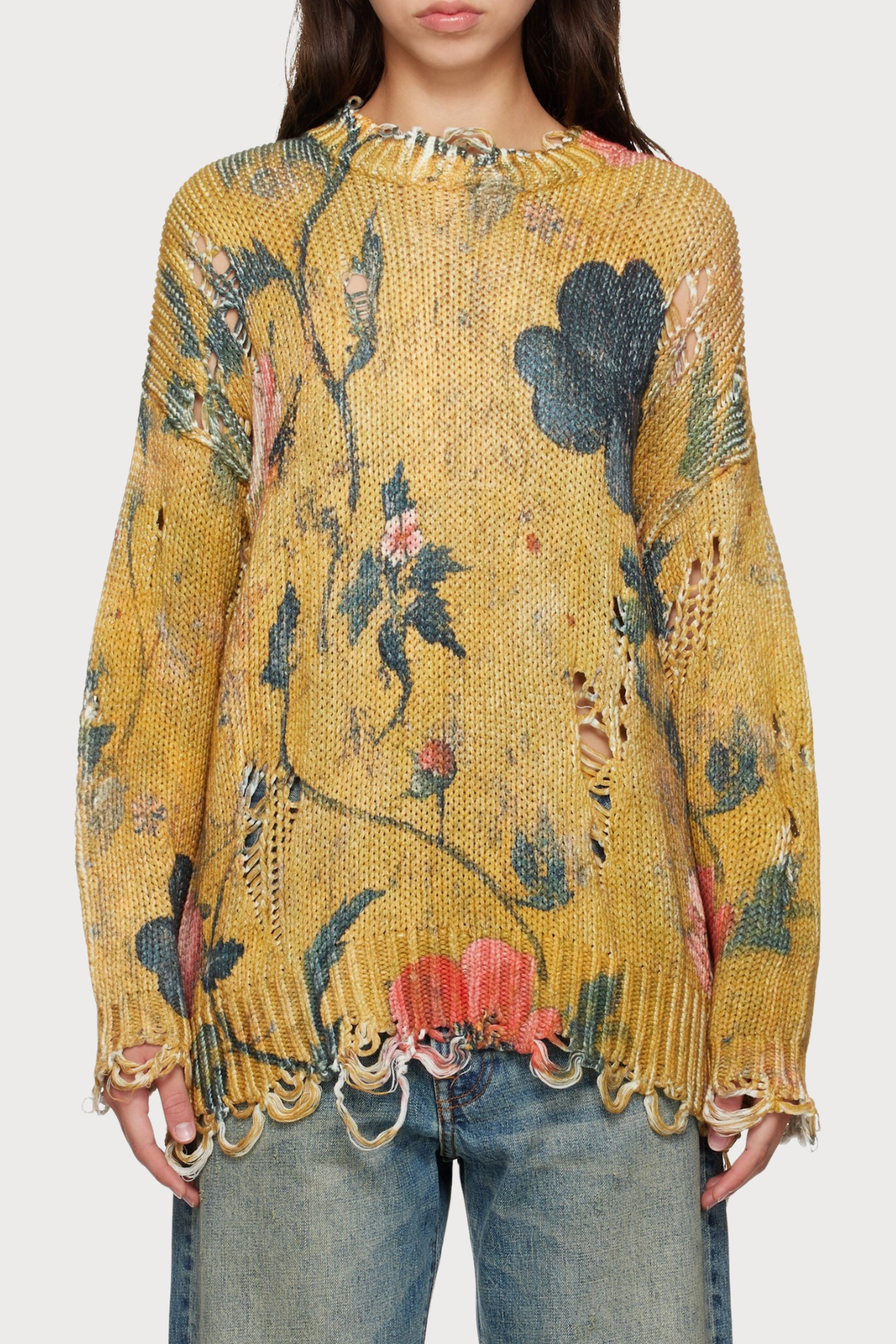 Omria Floral Print Distressed Sweater - Yellow