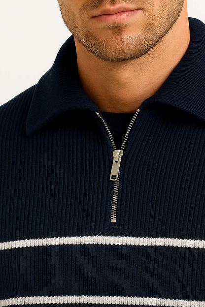 Striped Quarter Zip Sweater | Ribbed Knit | Regular Fit