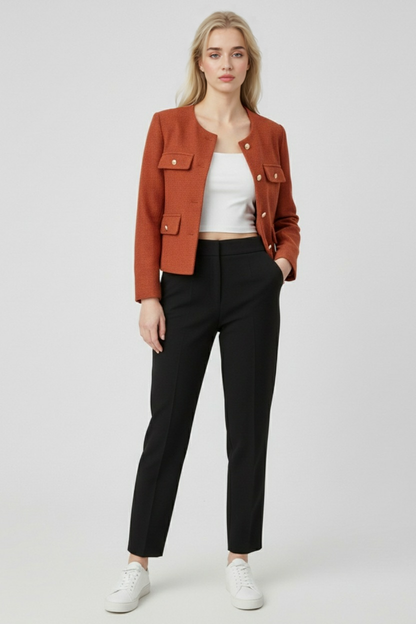 Textured Pocket Jacket | Round Neck, Gold-Tone Button Detail