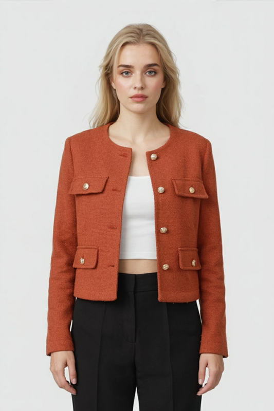 Textured Pocket Jacket | Round Neck, Gold-Tone Button Detail