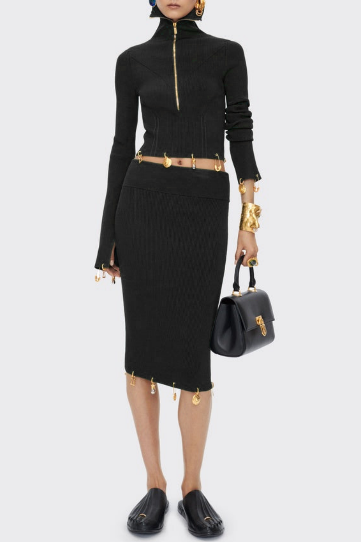 Ortiza Metal Embellished Knit Top & Midi Skirt Set - Black