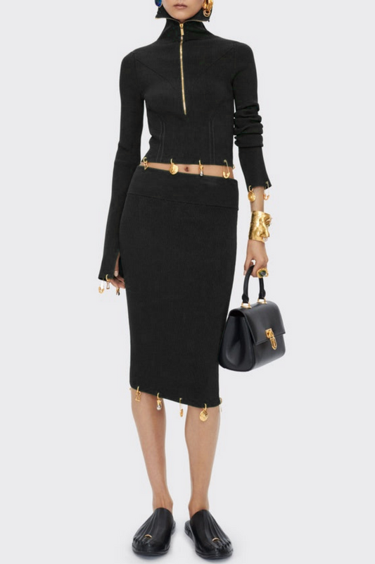 Ortiza Metal Embellished Knit Top & Midi Skirt Set - Black