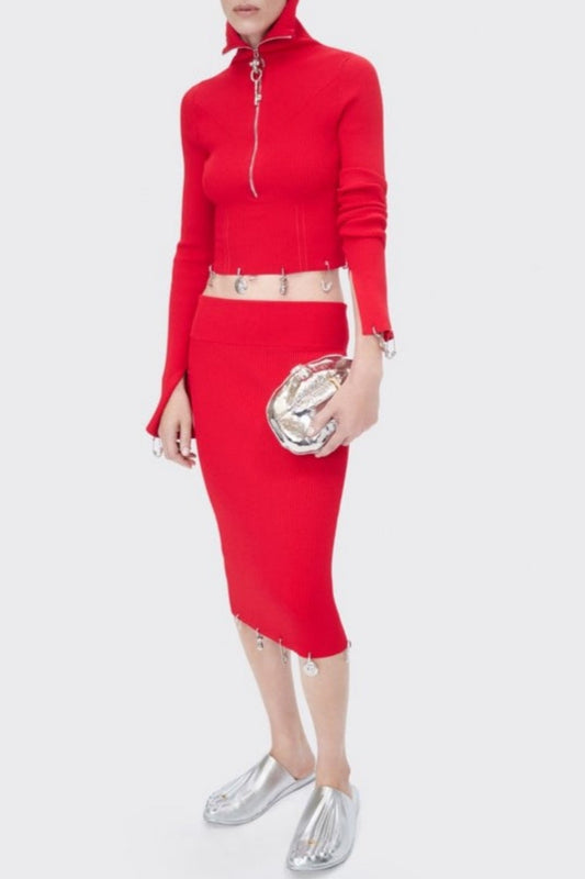 Ortiza Metal Embellished Knit Top & Midi Skirt Set - Red
