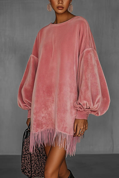 Oversized Pink Fringe Crew Neck Velvet Dress