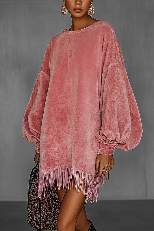 Oversized Pink Fringe Crew Neck Velvet Dress