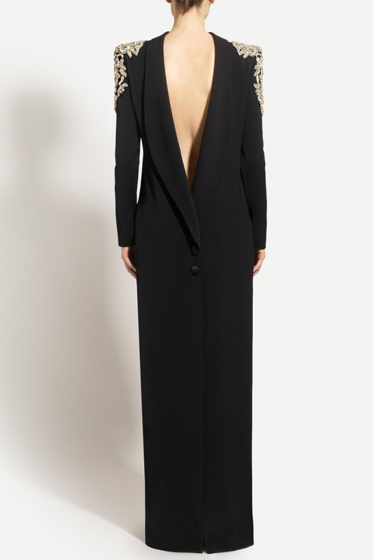 Pietro Crystal Embellished Backless Maxi Blazer Dress